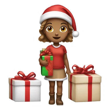 girl with light brownish skin wearing santa hat and holding presents sticker