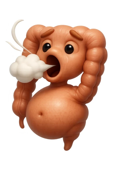 emoji stile iphone di un intestino che ingoia una nuvoletta di aria ben visibile e gli si gonfia la pancia, non fargli il naso, iperrealistico 4k sticker