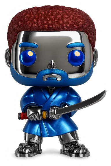 Transform this Funko Pop figure into a chrome version with shiny, reflective skin. Add bold, colorful details to the eyes, hair, and clothing, keeping the chrome effect on the skin and base. The eyes, hair, and clothes should be vivid and playful, while the rest remains chrome. sticker
