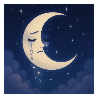 aesthetic nightcore crescent moon with closed eyes, teary, sparkles falling like tears, stars, navy-to-indigo gradient background, soft clouds, dreamy sadness sticker