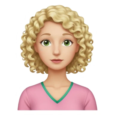 a woman in her late 40s and has greyish greenish eyes and blonde curly hair wearing a pink top  triangle nose sticker