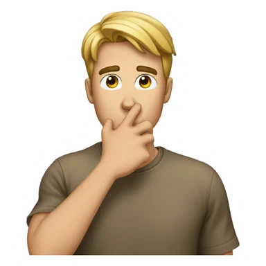 Describe a scene where a guy puts his hands on his mouth, gesturing for silence with a 'shhhh.' What's happening around him? What might he be trying to convey or hide with that gesture sticker