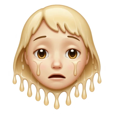 softly smiling crying face that appears to be melting downward, large glossy drip like emoji, combined with the smooth dissolving lower half similar to the melting face. ‘I’m okay :) but absolutely not okay’ sticker