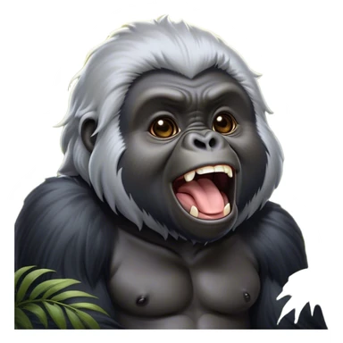 Cinematic Cute Yawning mountain Gorilla Portrait Emoji, Head tilted slightly with a dramatic, wide-open yawn, showcasing a formidable build with a silvery mane and drowsy, half-closed eyes, Simplified yet irresistibly adorable features, highly detailed, glowing with a soft, cozy jungle glow, high shine, relaxed yet expressive, stylized with a dash of whimsical primate charm, soft glowing outline, capturing the essence of a drowsy yet affectionate guardian that appears ready to stretch out for a nap! sticker