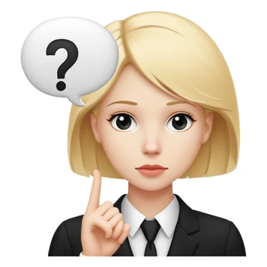 blonde haired white woman in a black formal suit with a white speech bubble containing a black question mark next to her head sticker