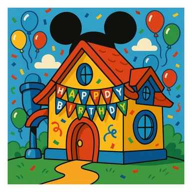 Mickey Mouse inspired house, birthday celebration, vibrant colors, cartoon style sticker
