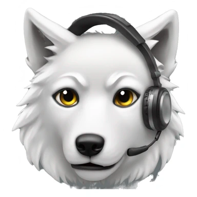 Create me an emoji white wolf head gray eyes with a musical headset sticker