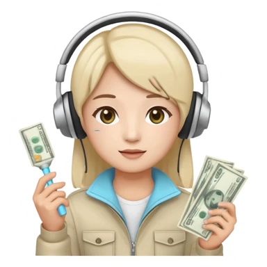 cute emoji style illustration of a K-pop fan holding a bright lightstick in one hand and cash money bills in the other hand, wearing a large headset on the head, round face, simple eyes, flat vector style, soft colors, transparent background, clean outline sticker