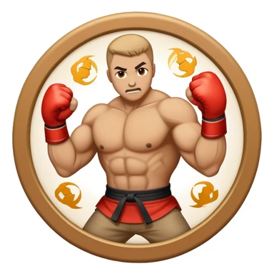 An emblem-style emoji symbolizing striking martial arts. The design features a stylized fighter in a dynamic stance, delivering a powerful punch, surrounded by a circular border with traditional elements like fists and combat symbols. Bold, clean lines with contrasting colors. sticker
