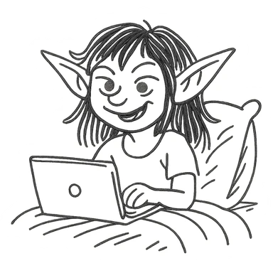 hand-drawn sketch style gremlin girl with dark brown hair, pretending to work from bed, playful, minimal background sticker