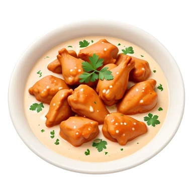 Butter Chicken Cinematic Realistic Butter Chicken Dish Emoji, depicted as tender chicken pieces sliced up and bathed in a creamy white sauce garnished with fresh cilantro, rendered with rich textures and vibrant, appetizing lighting. sticker