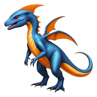 Shiny Black Koraidon-Latios-Salandit-Fakémon-hybrid-creature (full body) with orange belly sticker