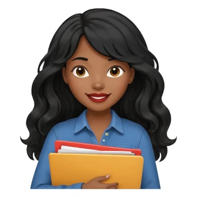 A young woman with long black hair, a wavy frange falling on half of her head. There's a long wavy stretch of hair falling on the side of her head. She's black, medium to dark skinned with thick lips. She's holding folders, and she's a CEO, but she's wearing casual clothes. sticker