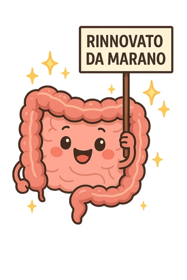 fammi un intestino identico a questo, ma felice e con le scintille di splendore dorate sopra, si sta rinnovando come se fosse in ottima salute, in mano ha un cartello con la scritta "RINNOVATO DA MARANO" sticker