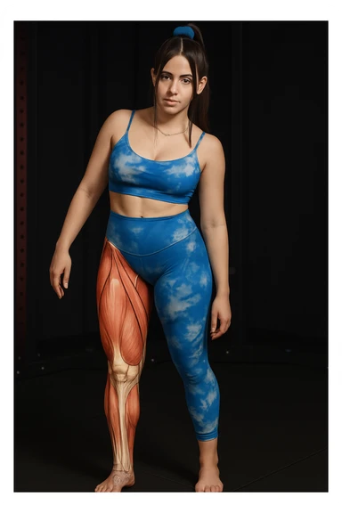 Create a realistic anatomical illustration inspired by the reference photo of the same woman in the same pose. Highlight the right leg (her right, on the left side of the image) as the weight-bearing leg, with anatomical details (muscles and bones) visible only on that leg. The rest of the body should remain realistic. Show a different anatomical layer on the highlighted leg, focusing more on either bones or superficial muscles for educational variety. sticker