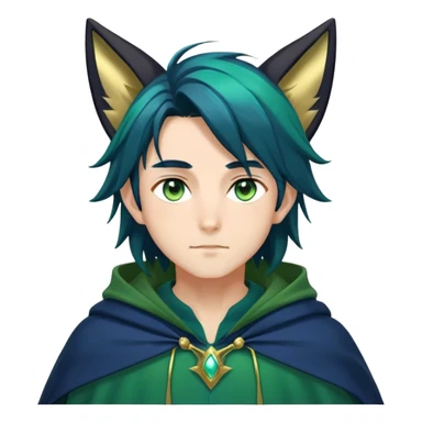 anime man with straight long dark-blue-black-gradient hair with light-green stripes in it, long black fox ears, hazel-gradient-brown-turquoise eyes, gold earring, dark-blue-sweater, green cape,  sticker