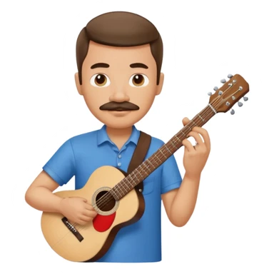 man with mustache and short hair playing guitar, simple and clear, no background, Apple emoji style sticker