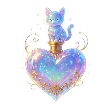 luxurious crystal elixir bottle in heart shape, pastel gradient, lots of glow, edges, ornaments, golden details, magical effects, very small golden neck, transparent background, beautiful merging bottom, clearly floating in air, no base or shadow, premium class impression, small cat sitting on top, design matching crystal, luxurious, magical bottle collection sticker