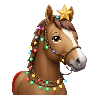 Horse rapped in Christmas lights with star on head sticker