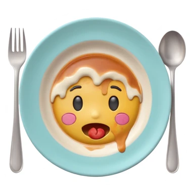 Cute 3D emoji of a dirty plate after eating, leftover food scraps, sauce stains on the plate, small fork and spoon resting on the plate, slightly messy but funny, soft pastel colors, rounded shape, clean background, kawaii style, expressive and playful, high quality, emoji style sticker