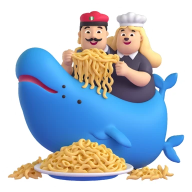 guy in Italy eating pasta with a huge, happy, fat whale of a dog wearing an Italy hat sticker