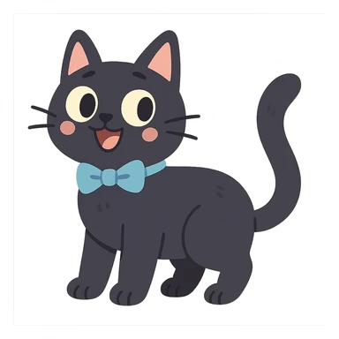 black cat with a blue bowtie collar, soft pastel illustration style sticker