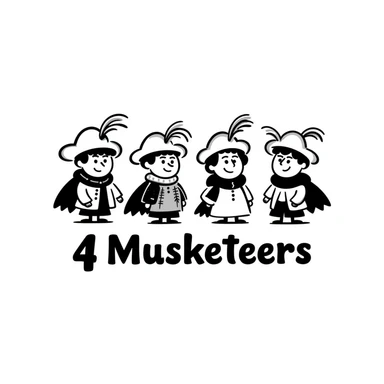 Cute cartoon of four musketeers with feathered hats and capes with the text "4 Musketeers" sticker
