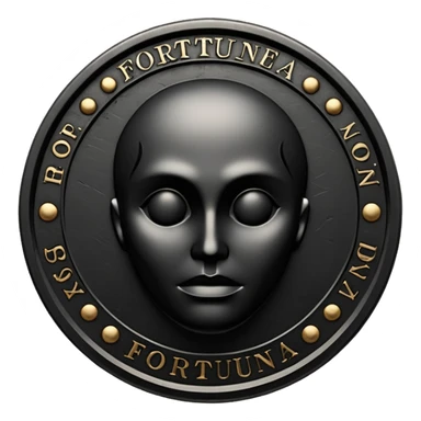 Emoji style, luxury gothic coin made of blackened metal, “FORTUNA” engraved in refined fashion typography, heavy sculptural form, subtle worn metal texture, avant-garde editorial aesthetic, no glow, no neon, flat emoji design, centered, transparent background sticker