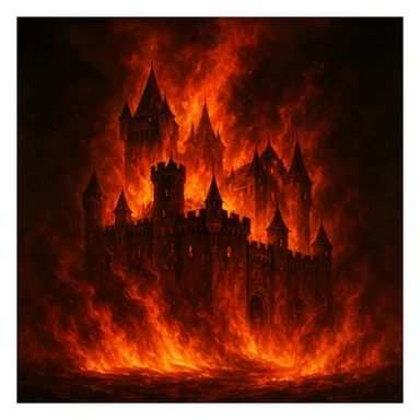 castle in fire, dark background, intense orange and red flames sticker