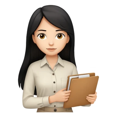 a light tan woman with long black hair past mid-back, round brown eyes, white button up shirt. holding manila folder sticker
