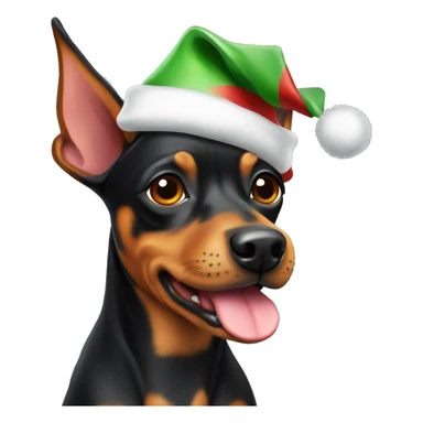 A pinscher dog with a Christmas hat sticker