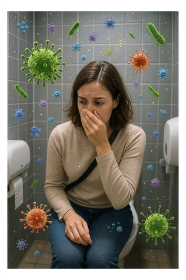 Donna che usa bagni pubblici ma in aria è pieno di virus e batteri sticker