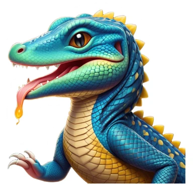 Cinematic Cute Yawning Monitor Lizard Portrait Emoji, Head tilted slightly with a dramatic, wide-open yawn, showcasing textured, patterned scales and sleepy, half-closed eyes exuding relaxed charm, Simplified yet irresistibly adorable features, highly detailed, glowing with a soft, cozy glow, high shine, relaxed yet expressive, stylized with a dash of whimsical wildness, soft glowing outline, capturing the essence of a drowsy yet affectionate reptile that appears ready to stretch out for a nap! sticker