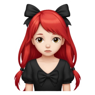red long twin tail hair girl with black bow on her hair wearing black dress with a sad face sticker