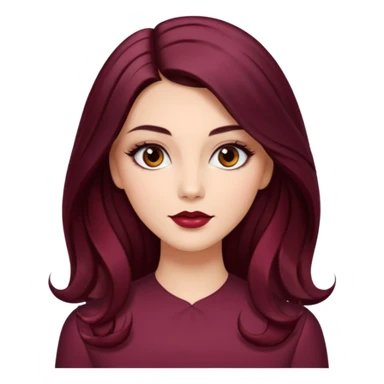 young glamorous woman 
Long waist-long hair
hair parted in the centre of her face
slightly wavy
dark burgundy hair 
 sticker