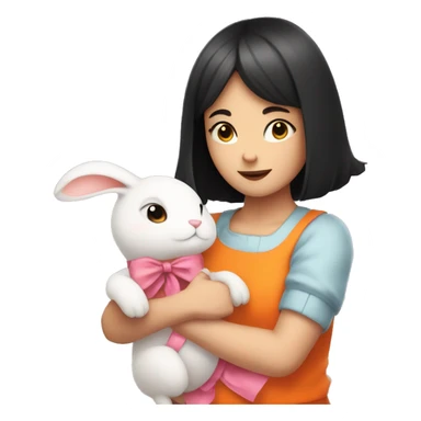 Black Short haired white girl hugging orange rabbit with pink ribbon sticker