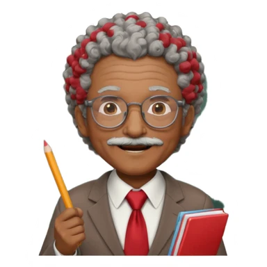 old man teacher, brown skin, curly grey white hai, wearing glasses, brown suit, red tie hold chalk on hand sticker