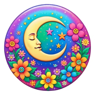 A round psychedelic colored button with a rainbow colored damask style moon and hippie flowers in the center sticker