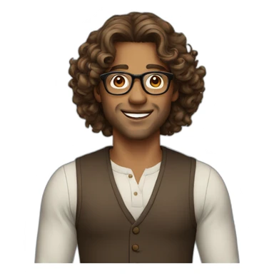 Man 40s round glasses brown long hair curls sticker