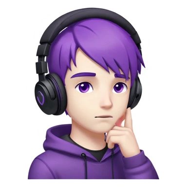 a cute guy with purple eyes, purple hair, purple-black gaming headphones on his head, thoughtful, raised his head a little to the side and up, his hand under his chin, the guy was thinking about the situation sticker