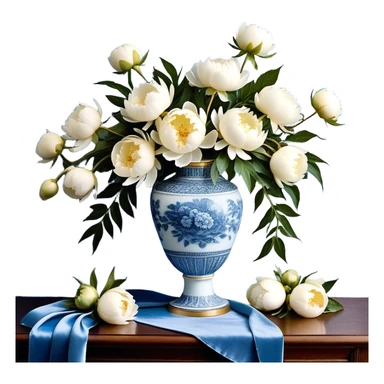 An intricately detailed porcelain vase with gold accents cradles a cascading bouquet of white peonies, tinged with hints of sky blue. Around the neck of the vase, a dusty blue velvet ribbon is artfully tied into a loose bow, its ends draping gracefully over the table’s edge. A few petals have delicately fallen onto the tabletop, resting beside a strand of soft pearl beads, adding a sense of quiet romance and nostalgia to the composition.


 sticker