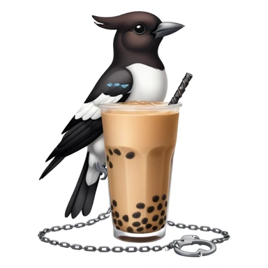 A living boba tea with a magpie that’s wearing a chain nexklace  sticker