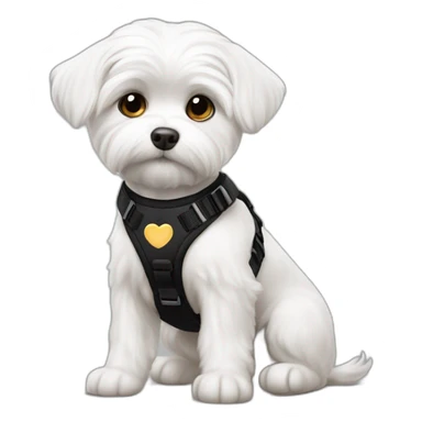 maltese dog short haired love cheese wearing a black harness sticker
