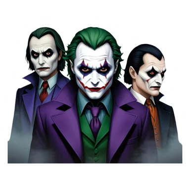 Thriller Movie Icon: A dark, intense collage with close-up images of iconic thriller characters like 1 Joker, 1 Hannibal Lecter, and 1 Vlad Dracula. The background features a moody Gotham City skyline, with shadowy figures and fog. Atmospheric, suspenseful tone. Transparent background. sticker