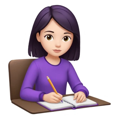 girl sitting, writing in a notebook, dark hair, dressed in purple clothes sticker