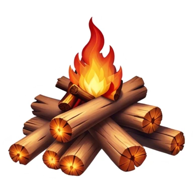 Cinematic Realistic Campfire, a roaring flame crackling atop carefully arranged logs, embers glowing deep red, golden light casting soft flickering shadows, gentle smoke drifting upwards, glowing with warmth and coziness. sticker