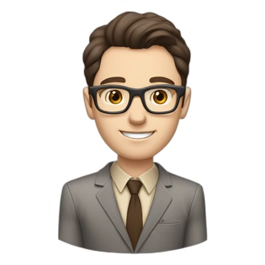 Pale skinned fit man with dark brown hair in gray jacket, beige office shirt, brown tie, brown pants and vintage glasses Writing text on a marker board sticker