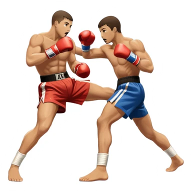 An icon symbolizing kickboxing, featuring two fighters in the midst of an intense match. One throws a powerful roundhouse kick, while the other counters with a punch. The background shows a ring, with ropes and a cheering crowd. Transparent background highlights the action and strength sticker