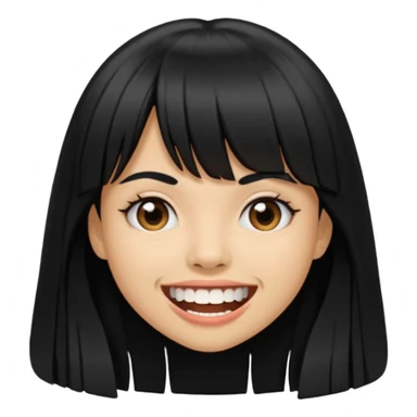 Woman a little tan with long black hairs and bangs, appearing teeth sticker