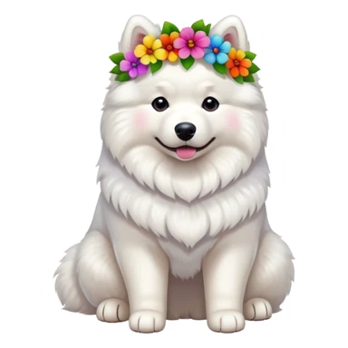 Full body photo of a Samoyed with many flowers on its head sticker
